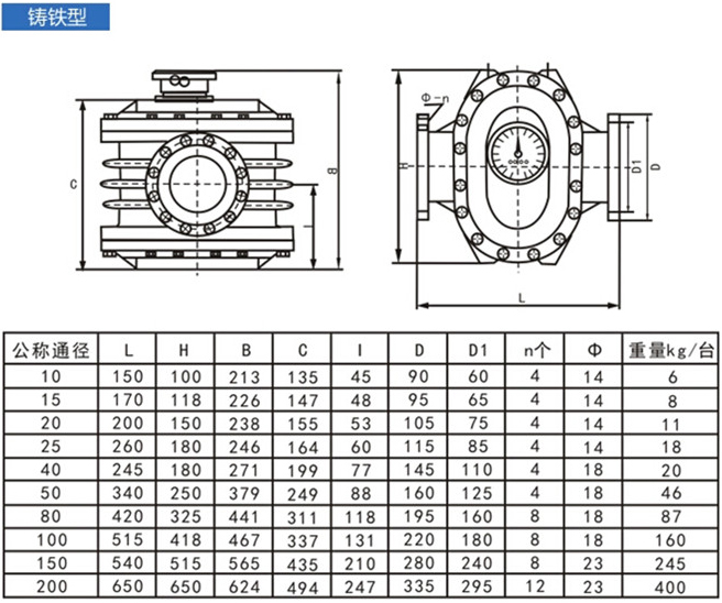 石油流量計外形尺寸對照表